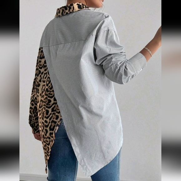 French Elegant Leopard Print Contrast Color-Block Striped Loose Casual Shirt - Picture 2 of 5